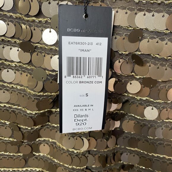 New BCBG Sequin Gold NYE Bronze Iman Mini Dress Small Coin Criss Cross Back NWT - Picture 10 of 14